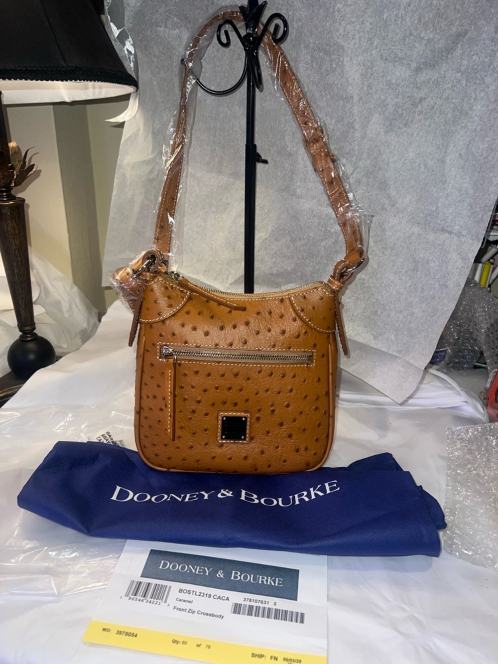 Dooney & Bourke ostrich front Zip crossbody Caramel